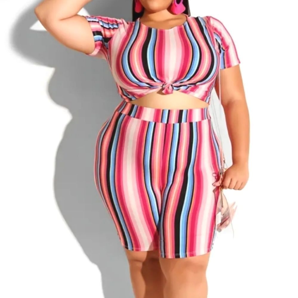 Plus Size Striped Short Sleeve Top & Biker Short Set sz 4X